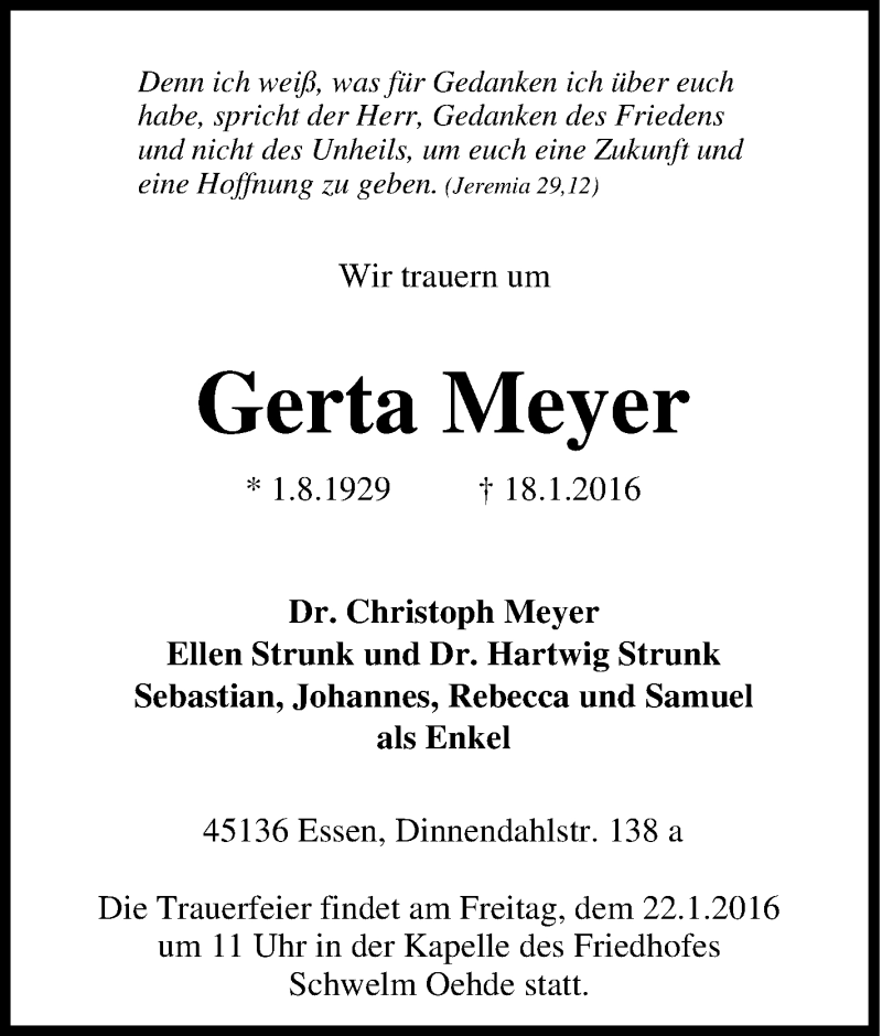 Traueranzeige für Gerta Meyer vom 20.01.2016 aus Tageszeitung