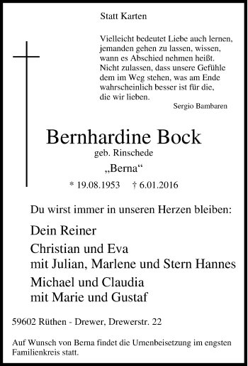Traueranzeige von Bernhardine Bock von Tageszeitung