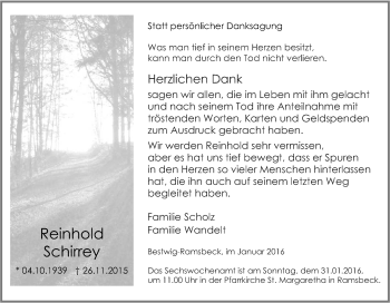Traueranzeige von Reinhold Schirrey von Tageszeitung