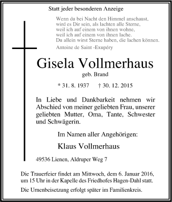 Traueranzeige von Gisela Vollmerhaus von Tageszeitung