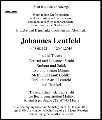 Traueranzeige von Johannes Leutfeld von Tageszeitung
