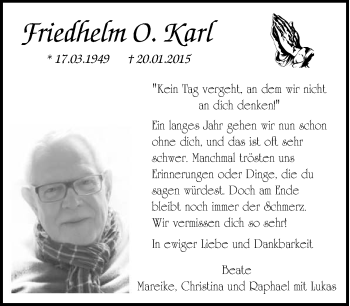 Traueranzeige von Friedhelm O. Karl von Tageszeitung