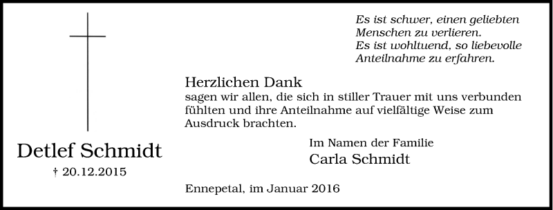  Traueranzeige für Detlef Schmidt vom 30.01.2016 aus Tageszeitung