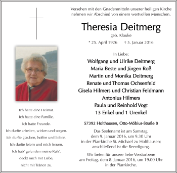 Traueranzeige von Theresia Deitmerg von Tageszeitung
