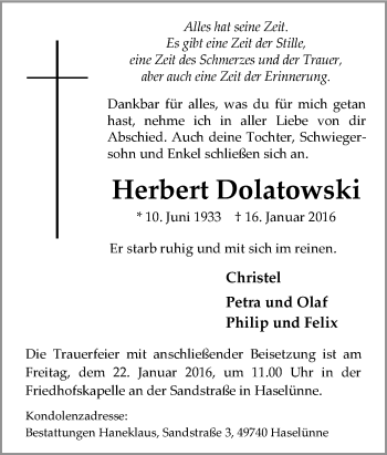 Traueranzeige von Herbert Dolatowski von Tageszeitung