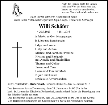 Traueranzeige von Willi Schäfer von Tageszeitung