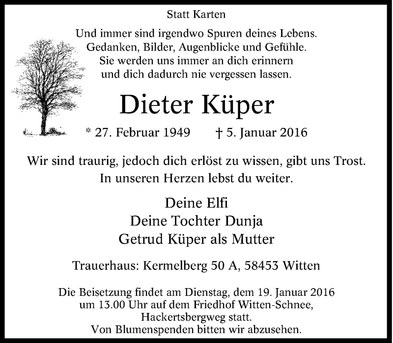  Traueranzeige für Dieter Küper vom 16.01.2016 aus Tageszeitung