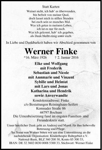 Traueranzeige von Werner Finke von Tageszeitung