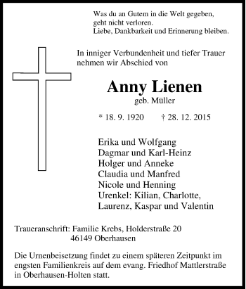 Traueranzeige von Anny Lienen von Tageszeitung