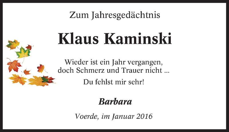  Traueranzeige für Klaus Kaminski vom 13.01.2016 aus Tageszeitung
