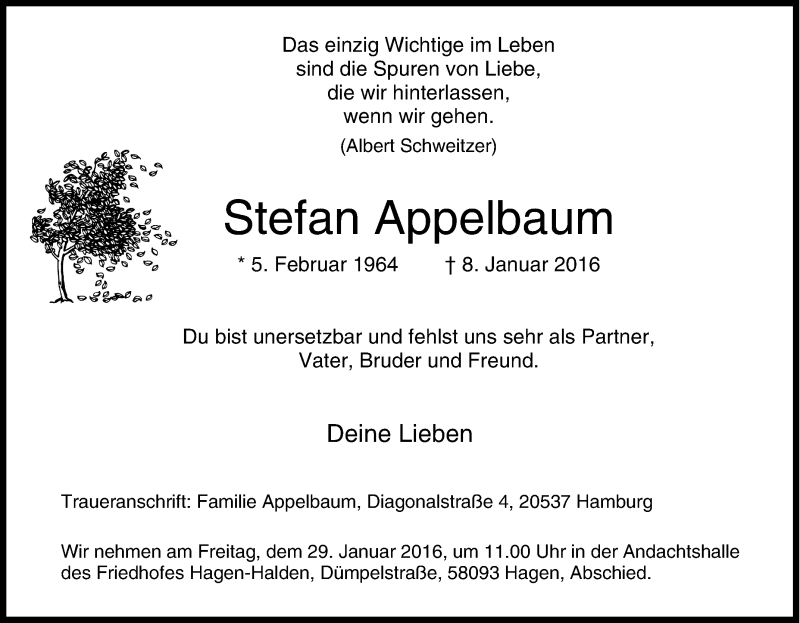  Traueranzeige für Stefan Appelbaum vom 23.01.2016 aus Tageszeitung