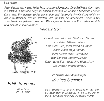 Traueranzeige von Edith Stemmer von Tageszeitung
