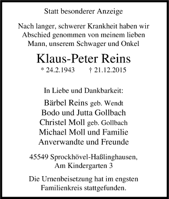 Traueranzeige von Klaus-Peter Reins von Tageszeitung