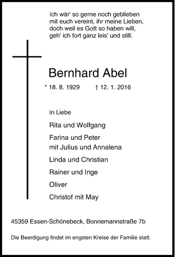 Traueranzeige von Bernhard Abel von Tageszeitung