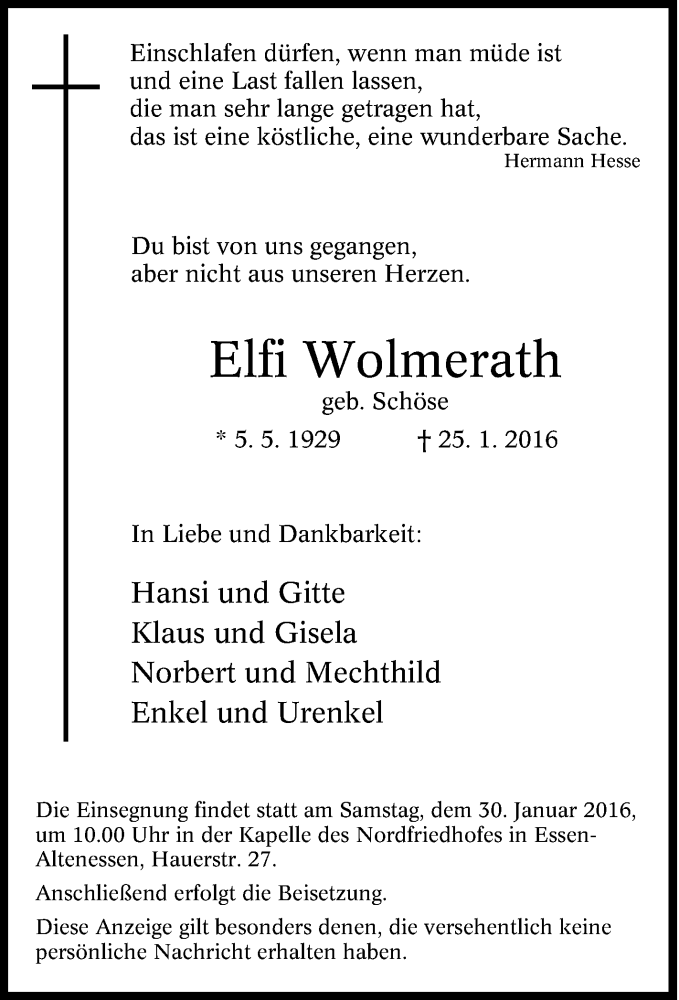  Traueranzeige für Elfi Wolmerath vom 27.01.2016 aus Tageszeitung