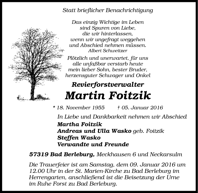  Traueranzeige für Martin Foitzik vom 07.01.2016 aus Tageszeitung