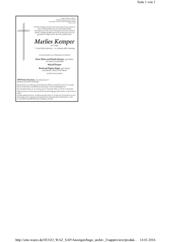 Traueranzeige von Marlies Kemper von Tageszeitung