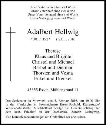 Traueranzeige von Adalbert Hellwig von Tageszeitung