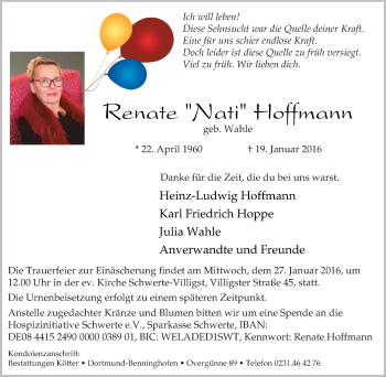 Traueranzeige von Renate Hoffmann von Tageszeitung