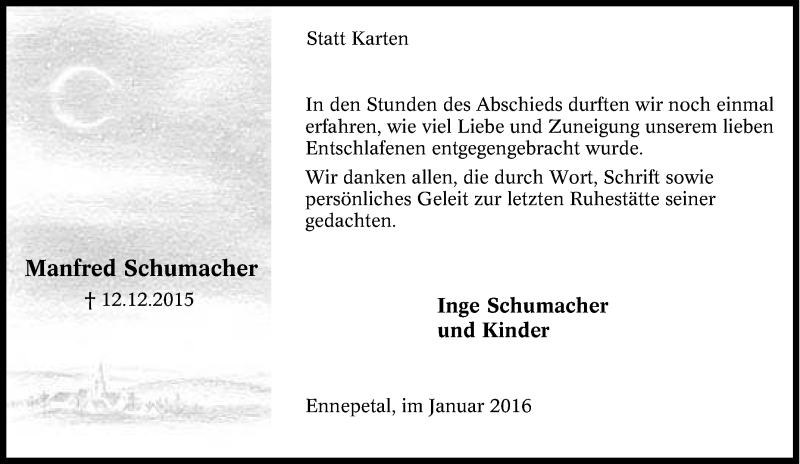  Traueranzeige für Manfred Schumacher vom 09.01.2016 aus Tageszeitung