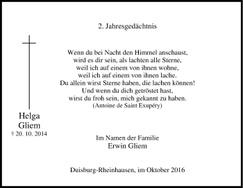 Traueranzeige von Helga Gliem von Tageszeitung