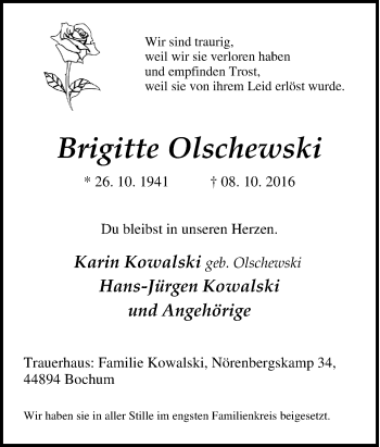 Traueranzeige von Brigitte Olschewski von Tageszeitung