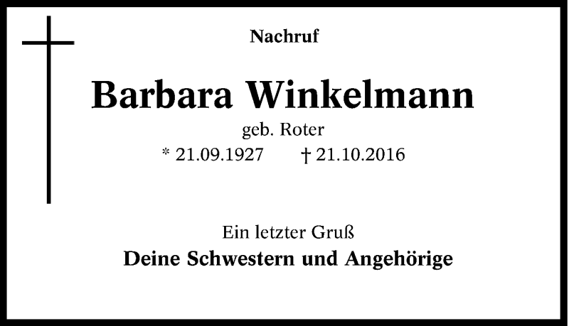  Traueranzeige für Barbara Winkelmann vom 29.10.2016 aus Tageszeitung