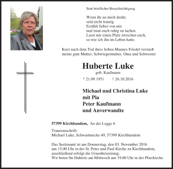 Traueranzeige von Huberte Luke von Tageszeitung
