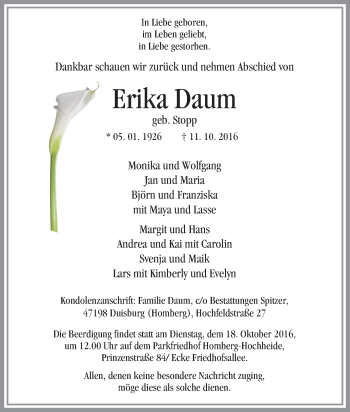 Traueranzeige von Erika Daum von Tageszeitung