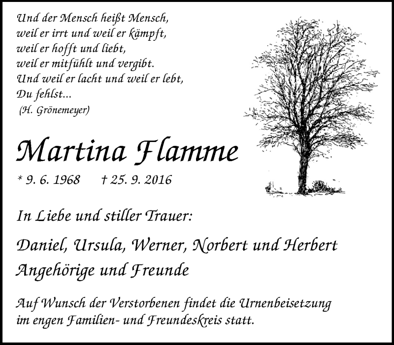  Traueranzeige für Martina Flamme vom 01.10.2016 aus Tageszeitung