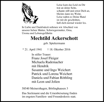 Traueranzeige von Mechtild Ackerschott von Tageszeitung