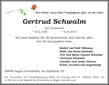 Traueranzeige von Gertrud Schwalm von Tageszeitung