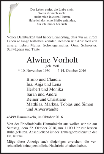 Traueranzeige von Alwine Vorholt von Tageszeitung