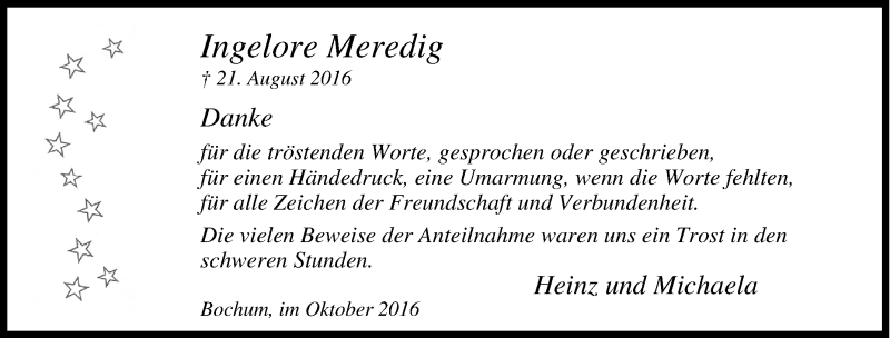  Traueranzeige für Ingelore Meredig vom 01.10.2016 aus Tageszeitung