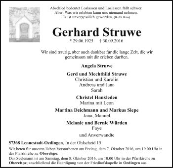 Traueranzeige von Gerhard Struwe von Tageszeitung