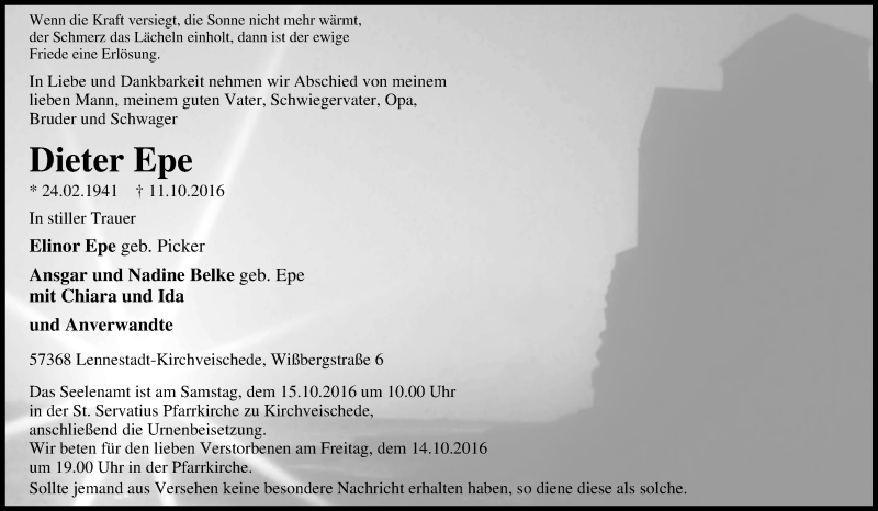  Traueranzeige für Dieter Epe vom 12.10.2016 aus Tageszeitung