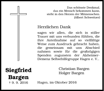 Traueranzeige von Siegfried Bargen von Tageszeitung