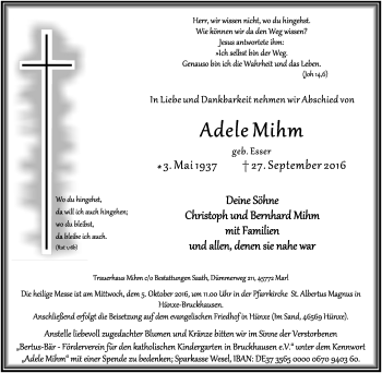Traueranzeige von Adele Mihm von Tageszeitung