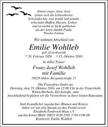 Traueranzeige von Emilie Wohlleb von Tageszeitung