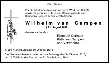 Traueranzeige von Wilhelm van Campen von Tageszeitung