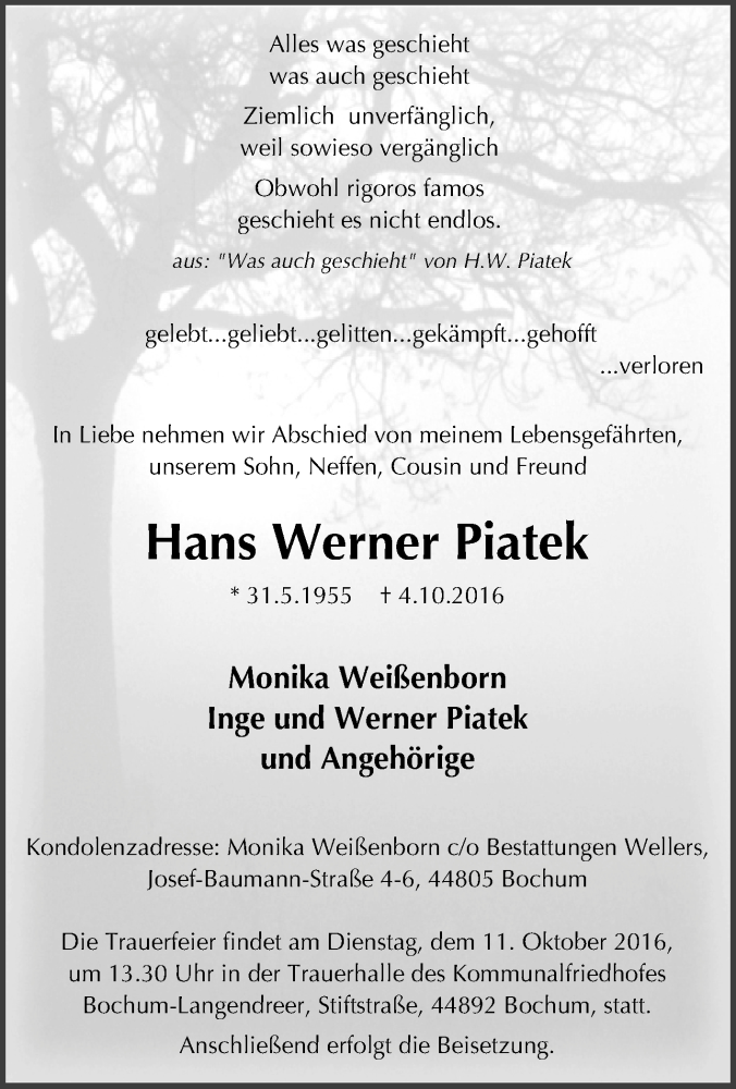  Traueranzeige für Hans Werner Piatek vom 08.10.2016 aus Tageszeitung