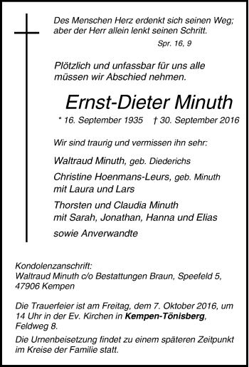 Traueranzeige von Ernst-Dieter Minuth von Tageszeitung