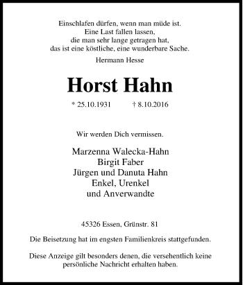 Traueranzeige von Horst Hahn von Tageszeitung