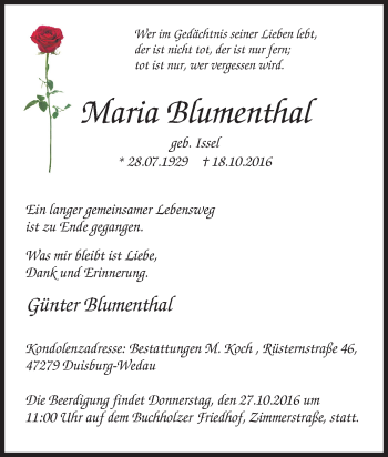 Traueranzeige von Maria Blumenthal von Tageszeitung