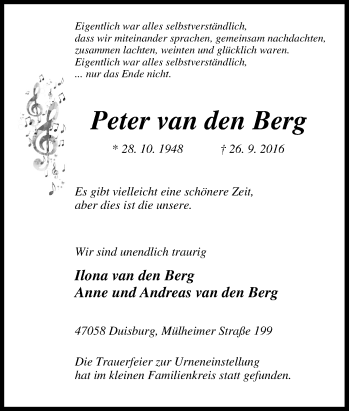 Traueranzeige von Peter van den Berg von Tageszeitung