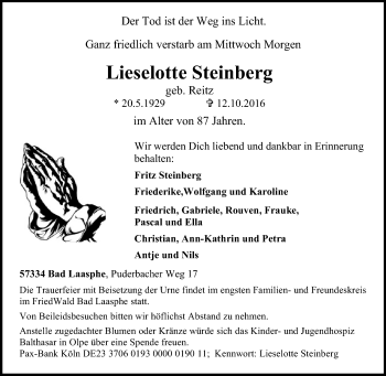 Traueranzeige von Lieselotte Steinberg von Tageszeitung
