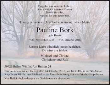 Traueranzeige von Pauline Bork von Tageszeitung