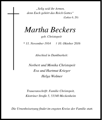 Traueranzeige von Martha Beckers von Tageszeitung