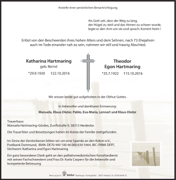 Traueranzeige von Katharina, Theodor Egon Hartmaring von Tageszeitung