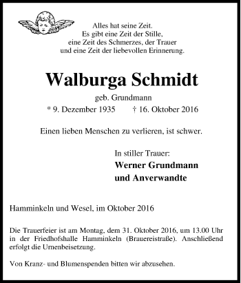Traueranzeige von Walburga Schmidt von Tageszeitung